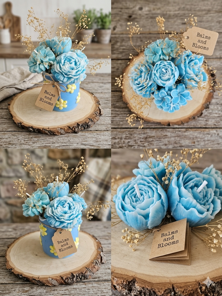 Wax Flower Candles in Blue Flower Vase