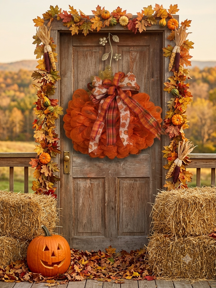 Orange Mesh Pumpkin Wreath
