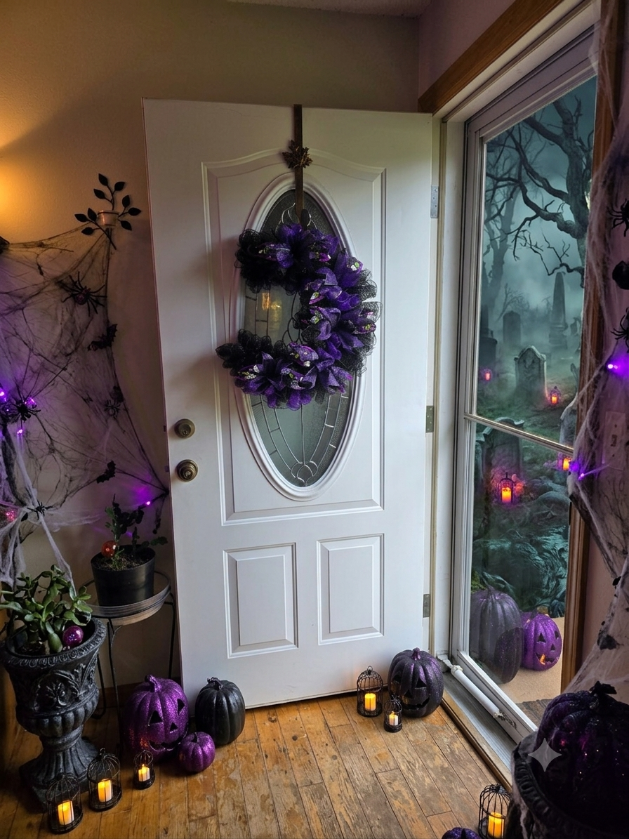 Purple and Black Crescent Moon Wreath