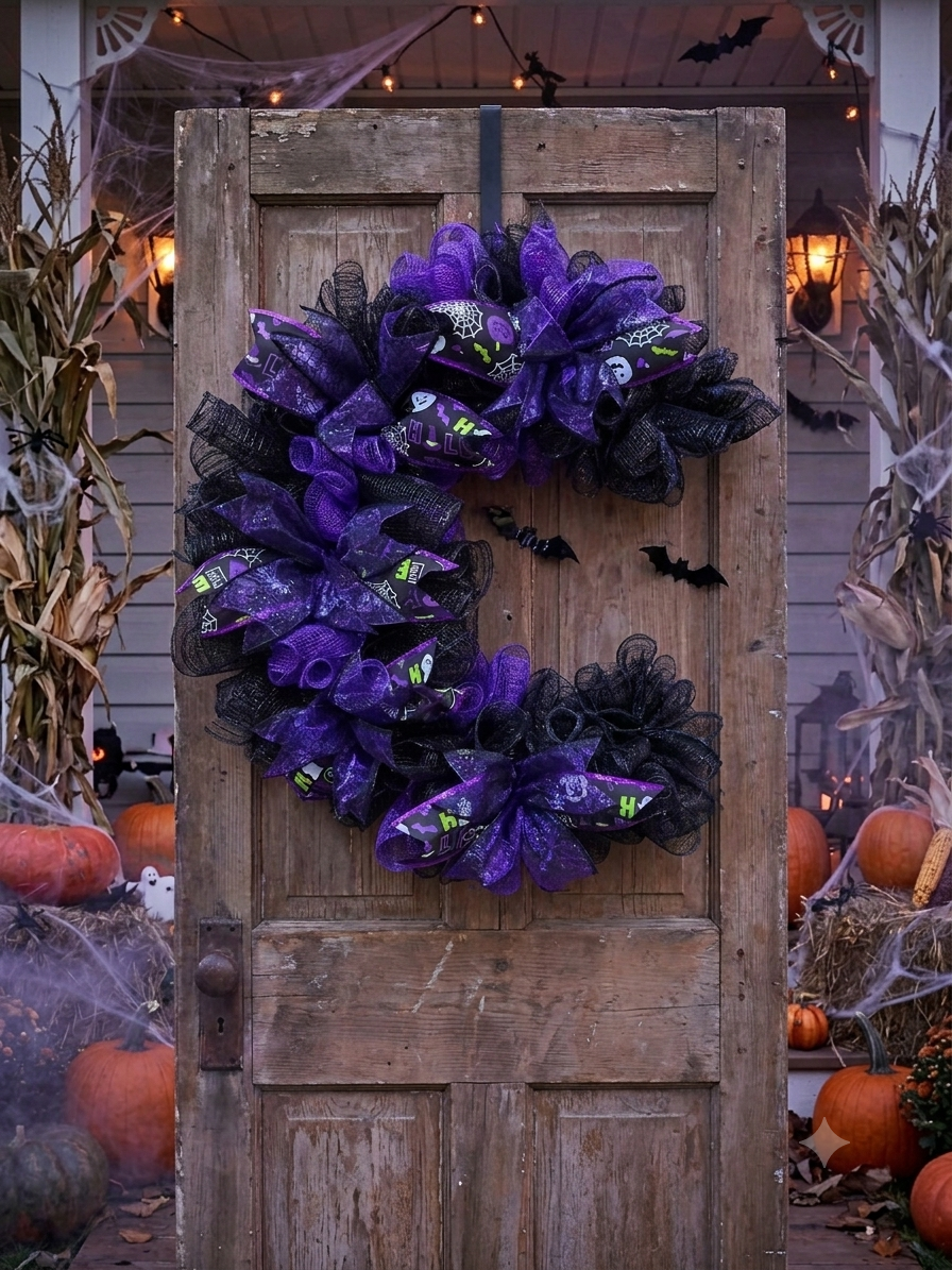 Purple and Black Crescent Moon Wreath