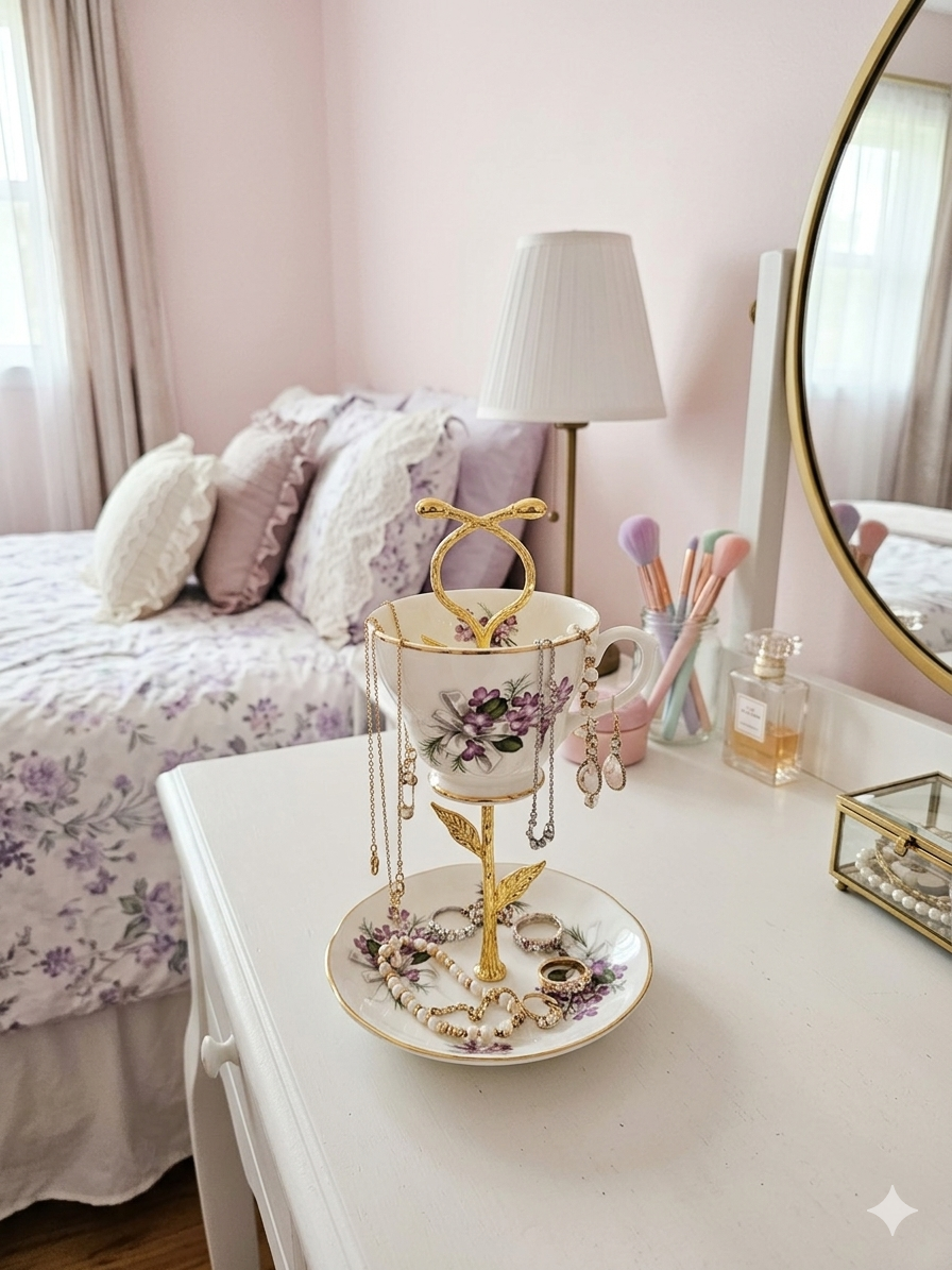 Tiered Teacup Set with Purple Flowers and Bow
