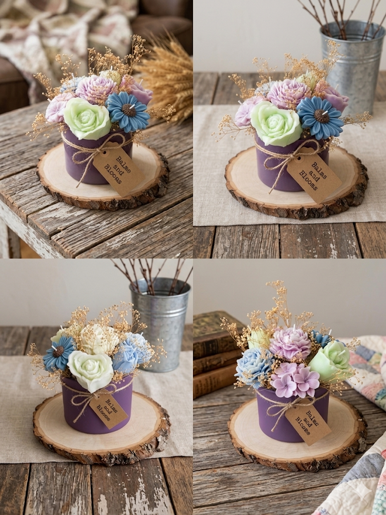 Wax Flower Arrangement in Purple Glass Jar