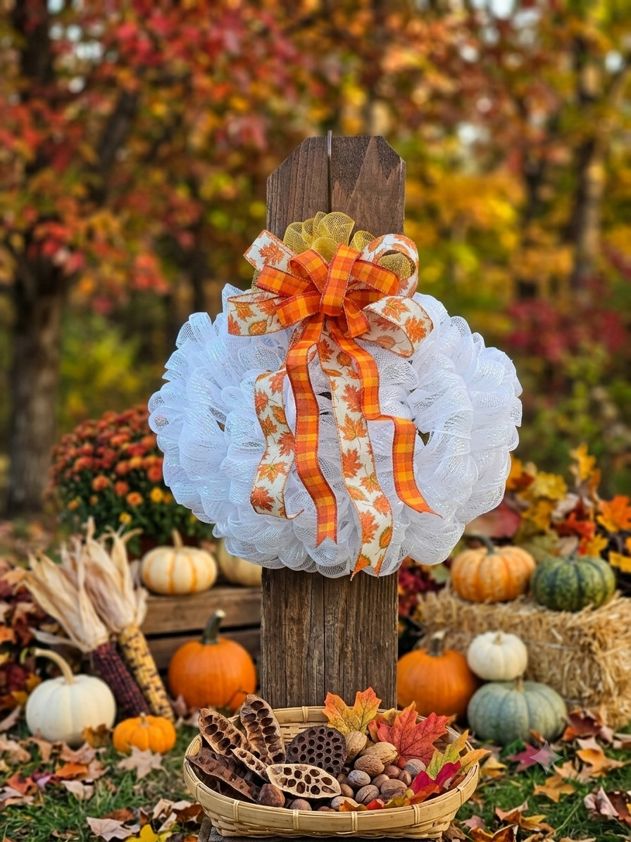 White Mesh Pumpkin Wreath