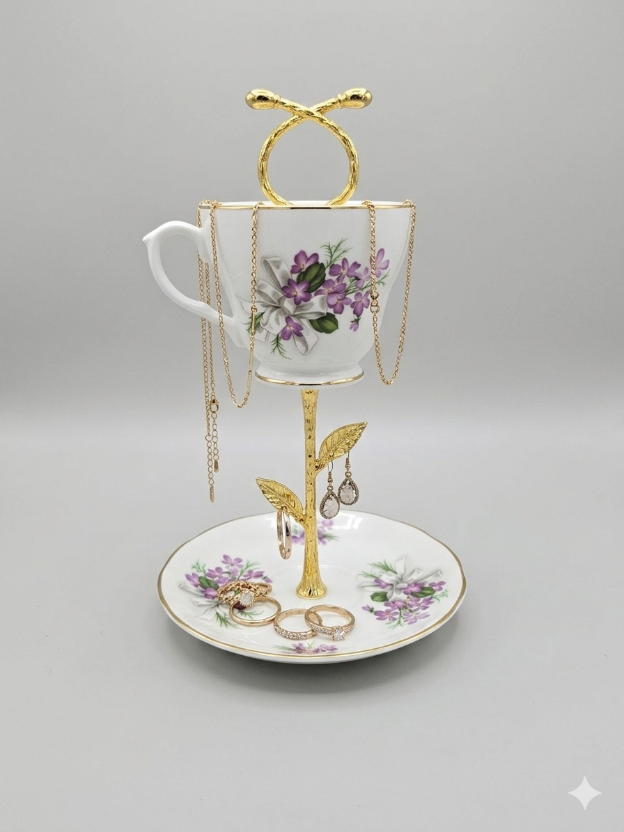 Tiered Teacup Set with Purple Flowers and Bow